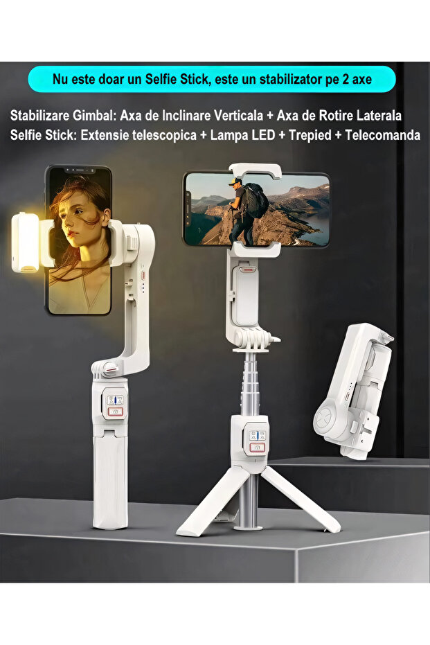 2-axis stabilizer, 39 cm extendable selfie stick, LED light, remote control, Bluetooth, tripod - 1