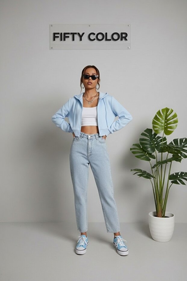 Women's Hooded Zippered Crop Cardigan Sweatshirt -Three Thread Raster