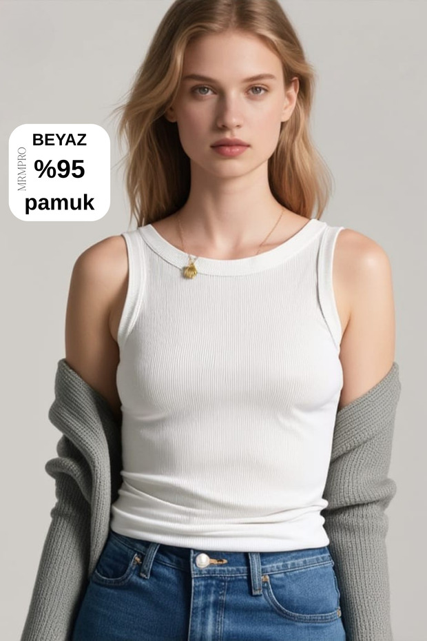 Kadın Fitilli Görünümlü Kalın Askılı Basic Beyaz Atlet