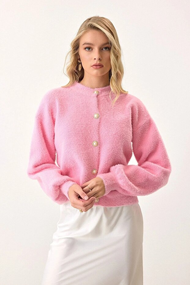Pink Soft Bearded Yarn Balloon Sleeve Buttoned Knit Cardigan