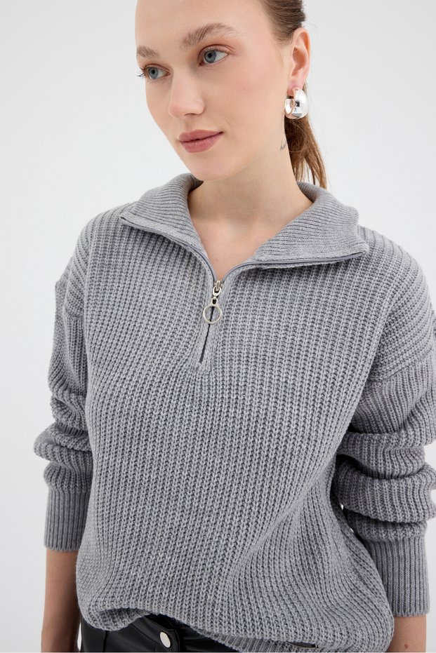 Gray Half Zipper Crop Knitwear Women's Sweater7135