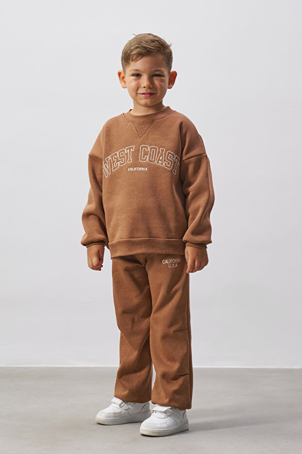 Embroidered Boys' Top and Bottom Tracksuit Set Pale Brown