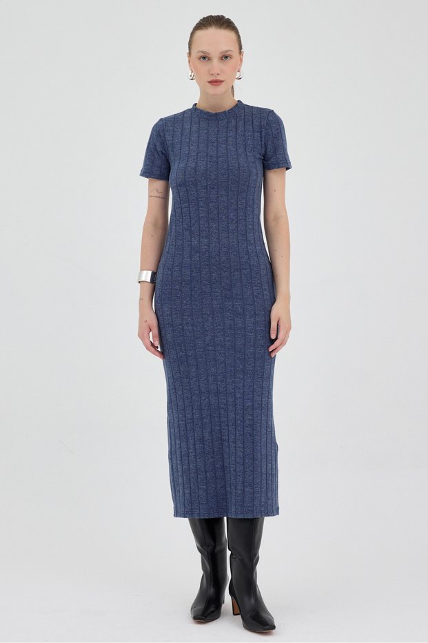Indigo Short Sleeve F Corded Fabric Tight Dress 8131A