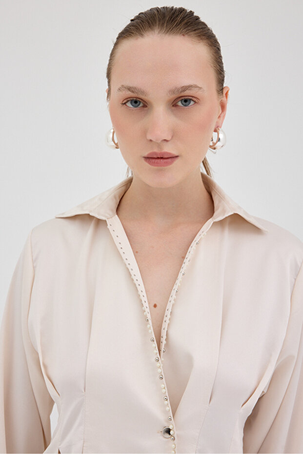 8149A İnci Detay Bel Piliseli Gömlek Bej - 4