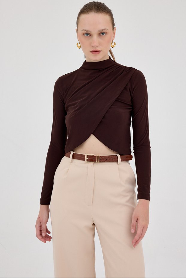 Bitter Brown Draped High Neck Long Sleeve Blouse 2379