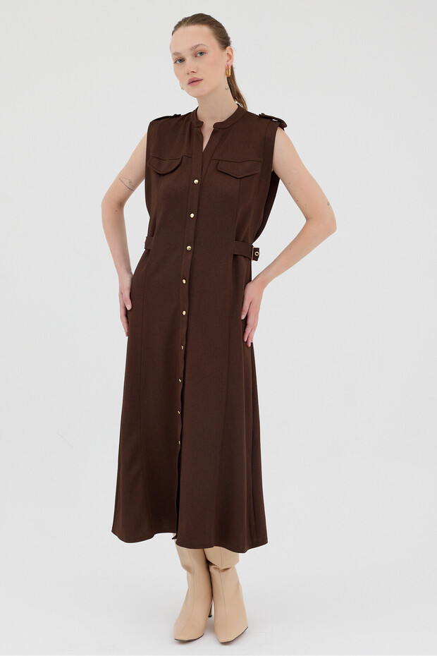 Brown Gold Button Detailed Midi Dress 8125A