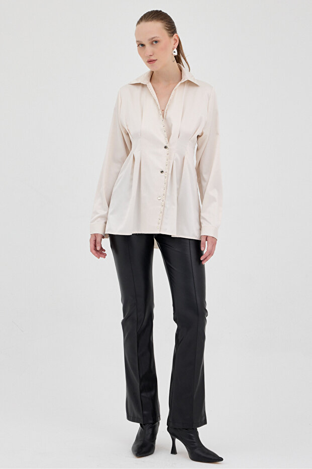 8149A İnci Detay Bel Piliseli Gömlek Bej - 3