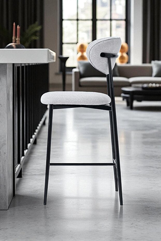 Hanev Serisi 1 Adet 65 Cm Gri Ada Mutfak Bar Sandalyesi Siyah Metal Ayak - 2