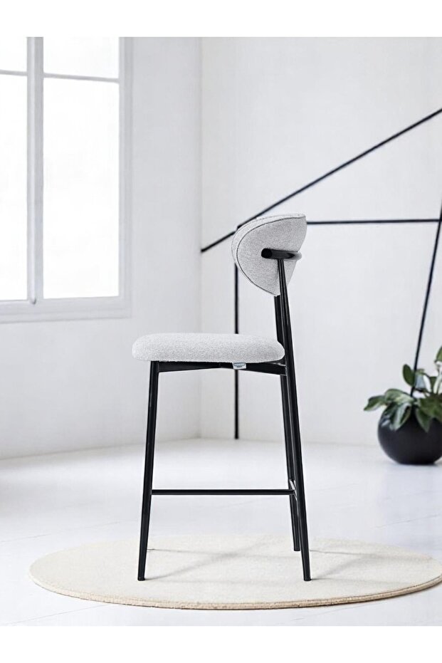 Hanev Serisi 1 Adet 65 Cm Gri Ada Mutfak Bar Sandalyesi Siyah Metal Ayak - 5