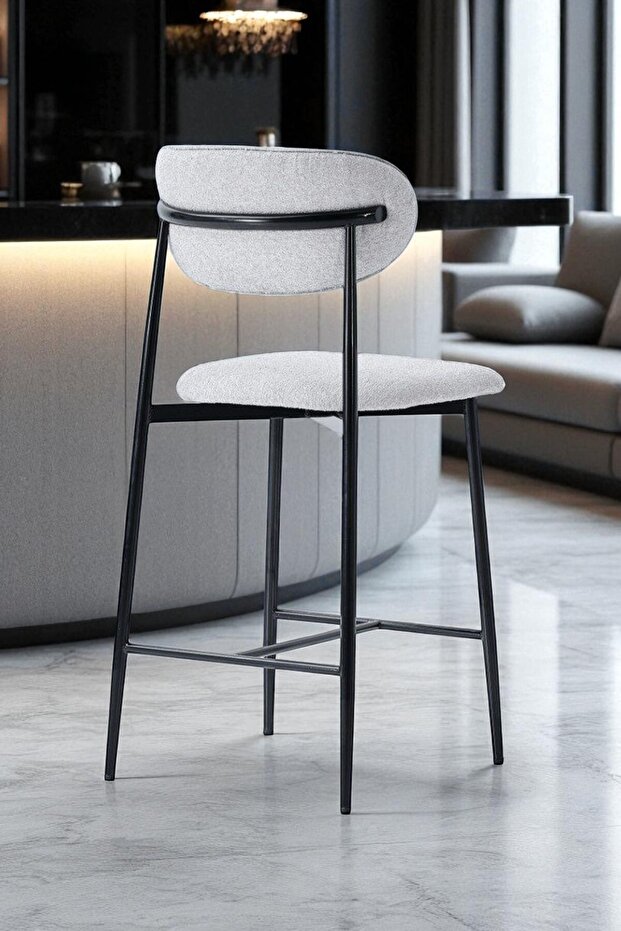 Hanev Serisi 1 Adet 65 Cm Gri Ada Mutfak Bar Sandalyesi Siyah Metal Ayak - 3