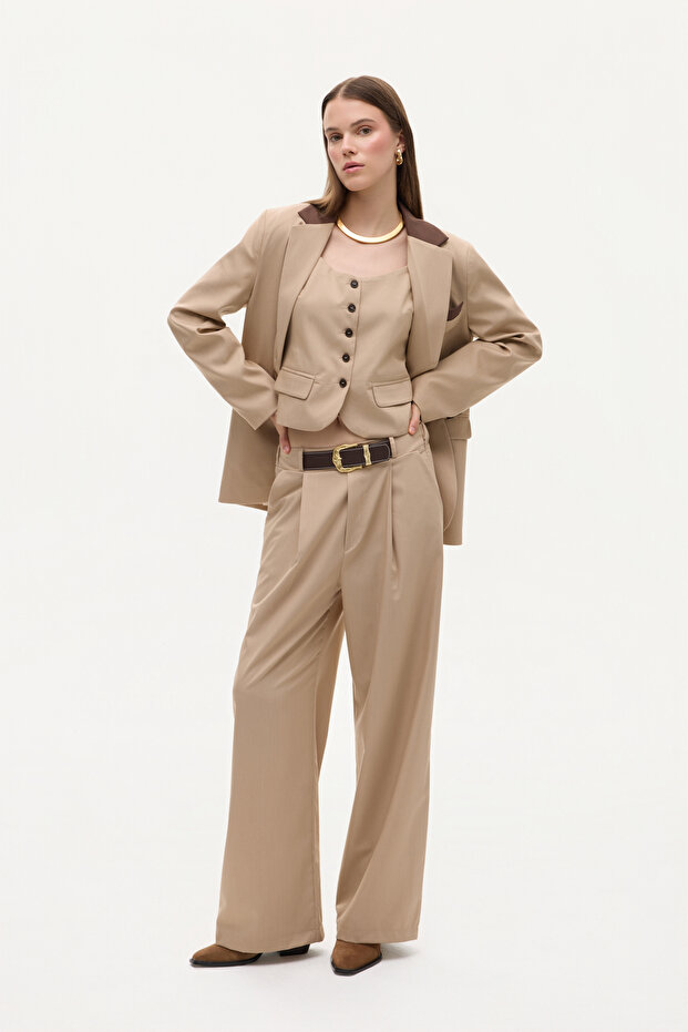 Belted Pleated High Waist Palazzo Pants Beige