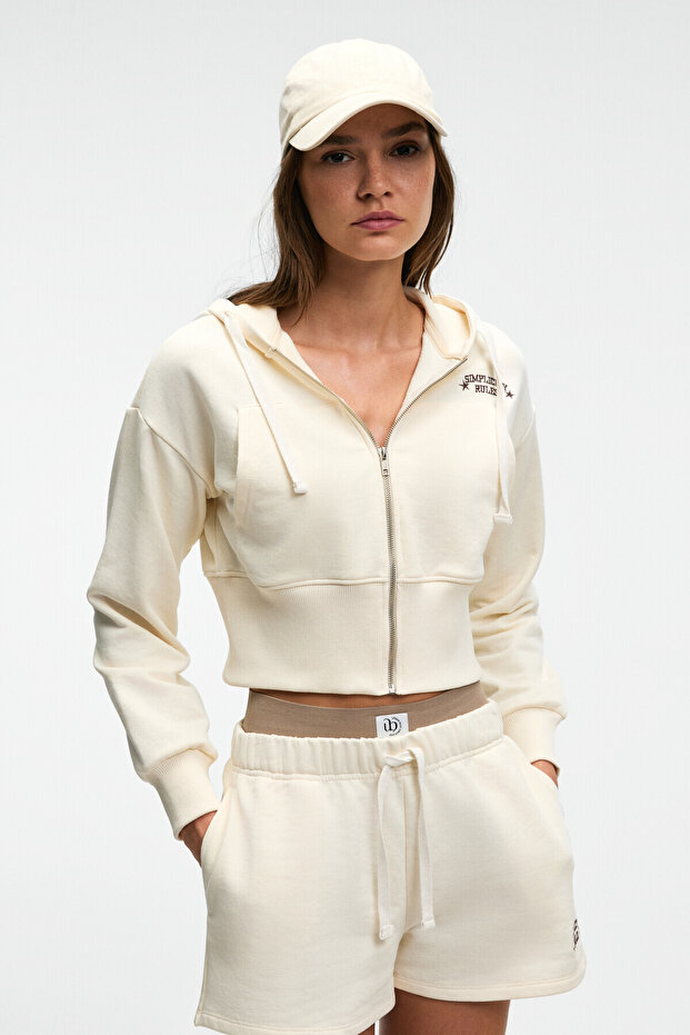 Elara Women's Metal Zipper Embroidered Hooded Crop Ecru Sweatshirt
