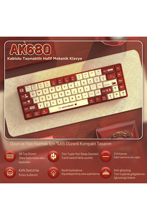Ak680 Kırmızı Switch Hot-swap Kablolu Mekanik Oyuncu Gaming Klavye - 5