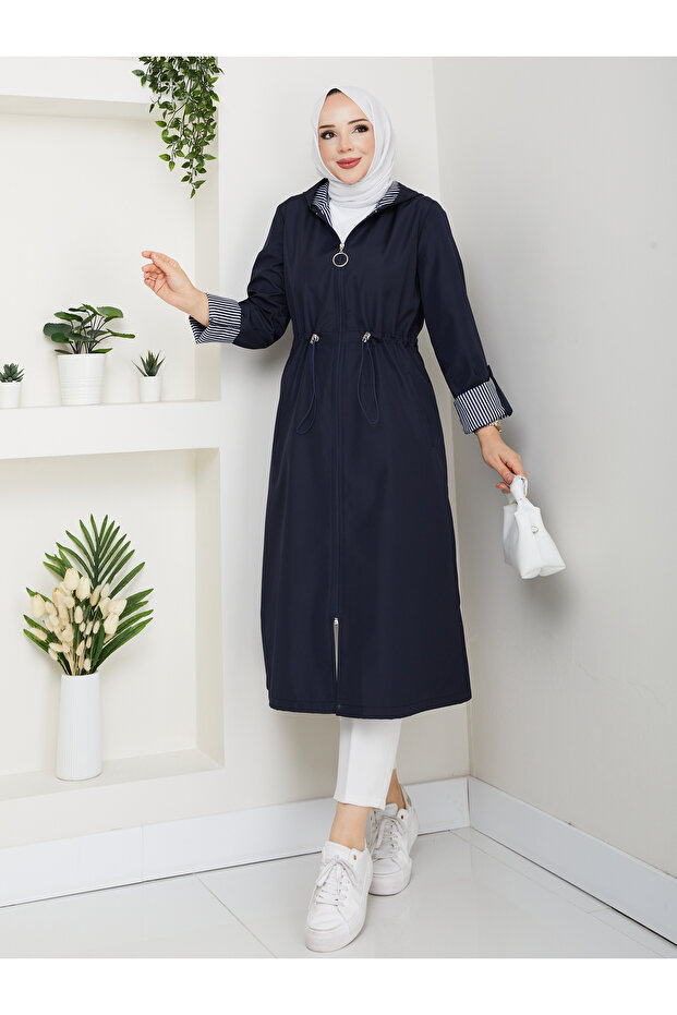 Striped Bondit Fabric Hijab Trench Coat Rc1205010