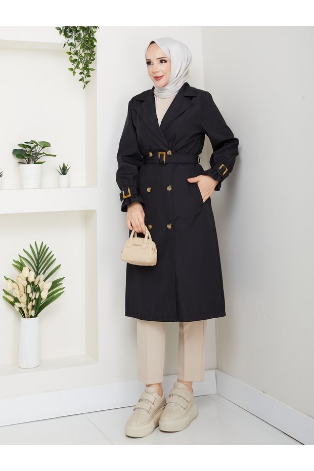 Modest Double Breasted Collar Waterproof Belted Trench Coat Rc1103013