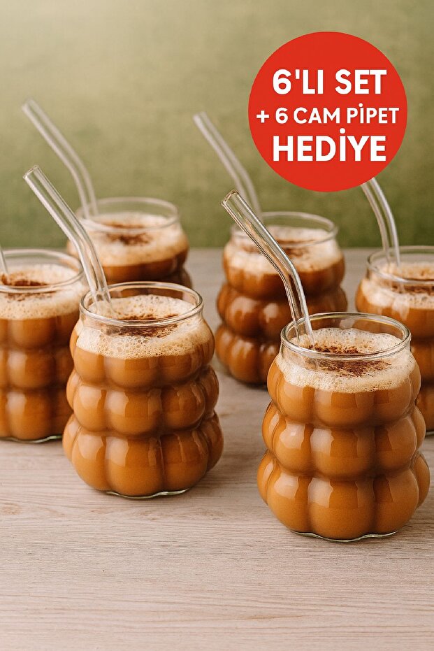 6 Adet Üzüm Model Borosilikat Kokteyl  Soğuk Sıcak Kahve Meşrubat Bardağı 6 Cam Pipet Hediye 350 ML - 1