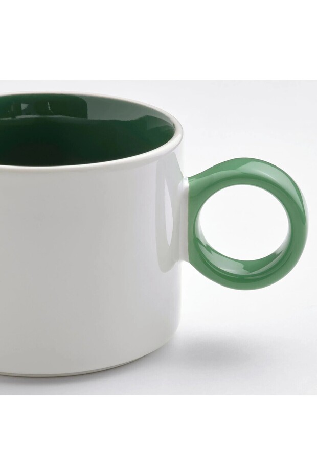 QUİCK 2 Adet Çay Fincanı Yükseklik 7 Cm 2'li Set Kulplu Kupa Beyaz-Yeşil Bardak Hacim 300 ml - 4