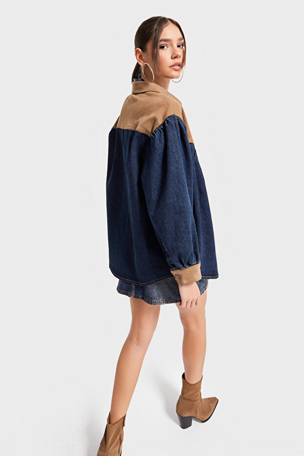 Kadın Kot Rengi 1w5-8 Oversize Süet Denim Karışımlı Özel Tasarım Gömlek - 5