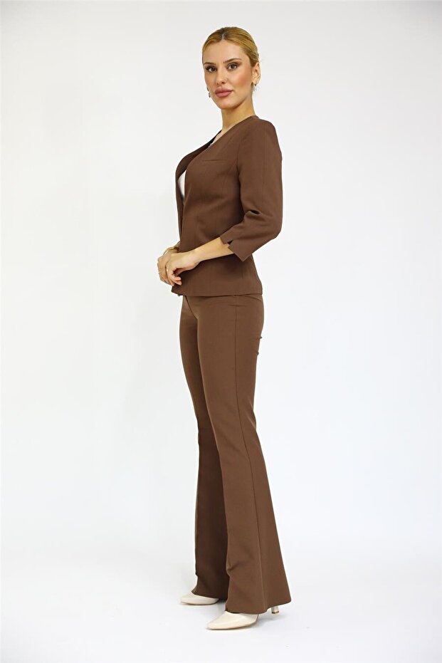 V Yaka Boydan Kuplu Kısa Ceket & İspanyol Paça Pantolon-Kestane - 2