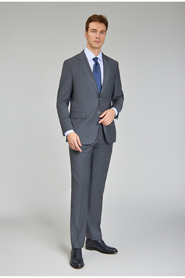 Gri Mono Yaka Çift Yırtmaçlı 6 Drop Yün Polyamid Lycra Slim Fit Takım Elbise - 1