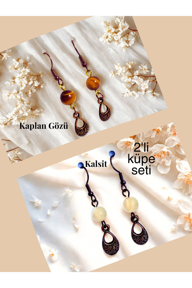 Tiger's Eye & Calcite Natural Stone Bohemian Drop Dangle, Women's 2-Piece Earring Set, Brown-Yellow
