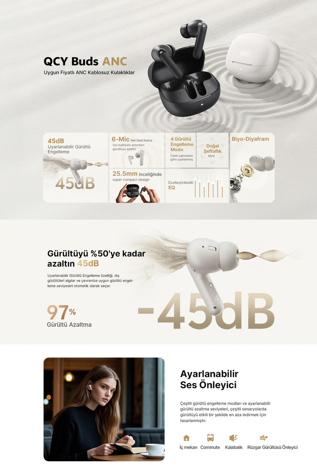 Buds Anc Ht15 Bluetooth Kulaklık 45 Db. Anc 6 Mikrofon Enc - Çift Cihaz Gürültü Engelleme Ipx4 - 2