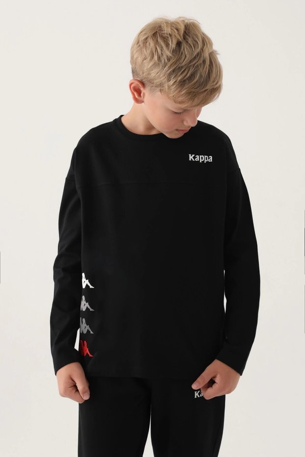 Black Crew Neck Kappa Logo Printed Boy's Sweatshirt