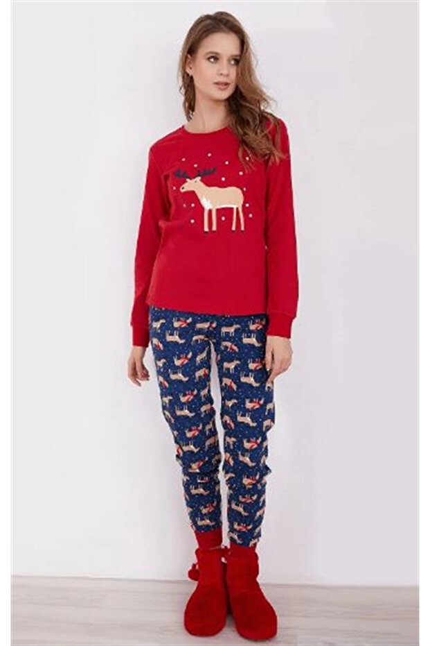 طقم بيجامة نسائي بأكمام طويلة من Rolypoly Deer Red