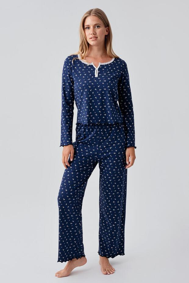 Long Sleeve Patterned Buttoned Flexible Cotton Pajama Set - 1