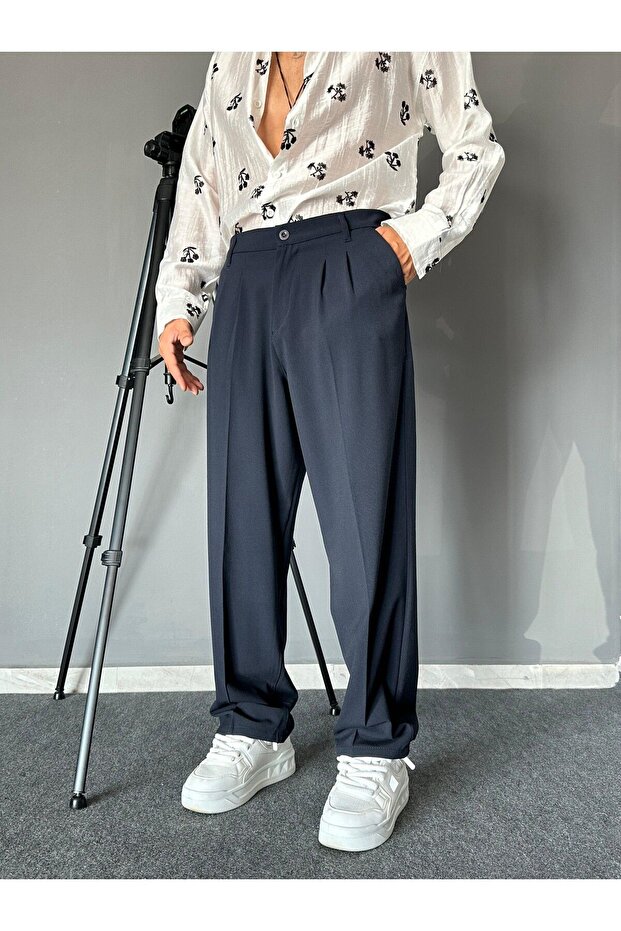 Baggy Fit Pleated Pipe-Cut Navy Blue Trousers