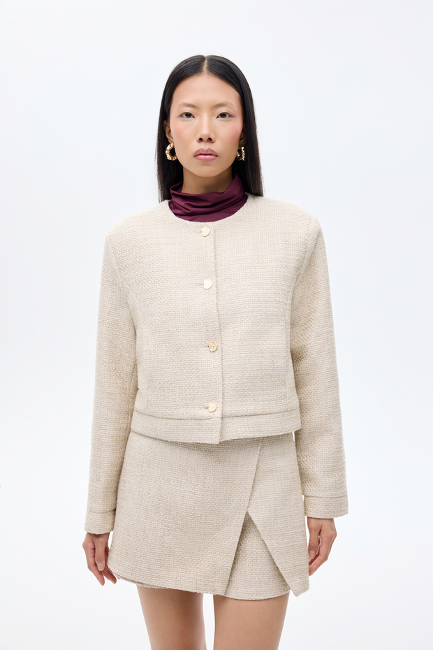 سترة تويد بأزرار وياقة مستديرة باللون البيج - 1