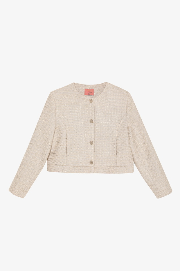 سترة تويد بأزرار وياقة مستديرة باللون البيج - 2