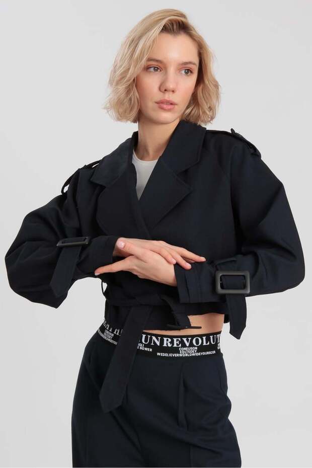 REGLAN KOL TAŞ VE LACİVERT RENKLER KISA TRENÇKOT CEKET - 1