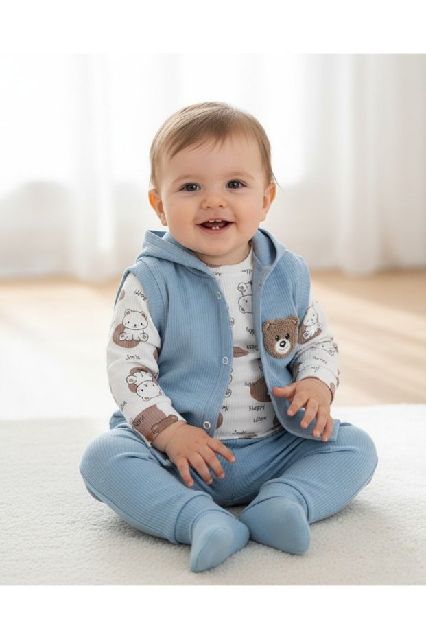 Baby Boy Seasonal Newborn 3-6-9-12 Months Ribbed Vest Teddy Bear Embroidered 3 Piece Stylish Baby Suit