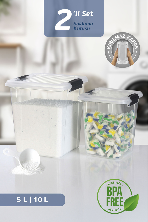 Set of 2 5-10L Locking Lid Storage Box Detergent Container - Flour Grain Food Storage Container Organizer Box - 1