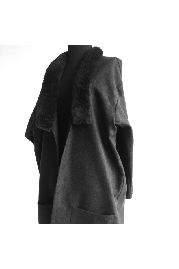 Linear Faces Siyah Kaşe Palto - 5