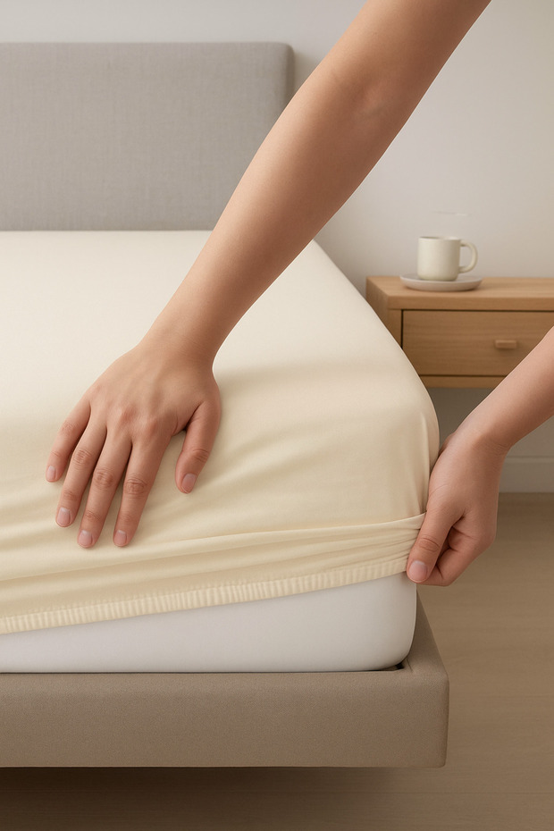 ملاءة سرير مطاطية من القطن الممشط باللون الكريمي، ملاءة سرير مطاطية من القطن الممشط بنسبة 100% - 1