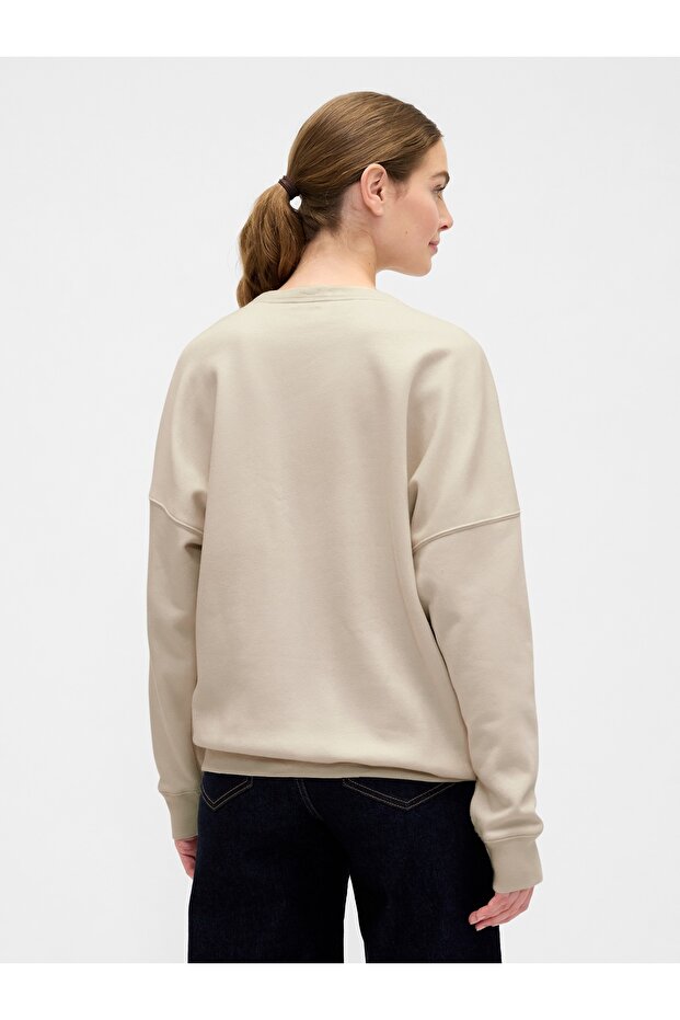 Kadın Krem Oversized Grafik Sweatshirt - 4