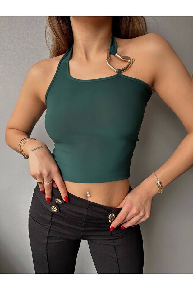 Women's Backless Buckle Detailed Sleeveless Crop Blouse Emerald Green