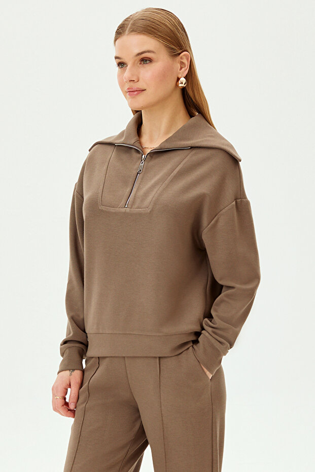 Yaka Detaylı Fermuarlı Regular Örme Sweatshirt - 1