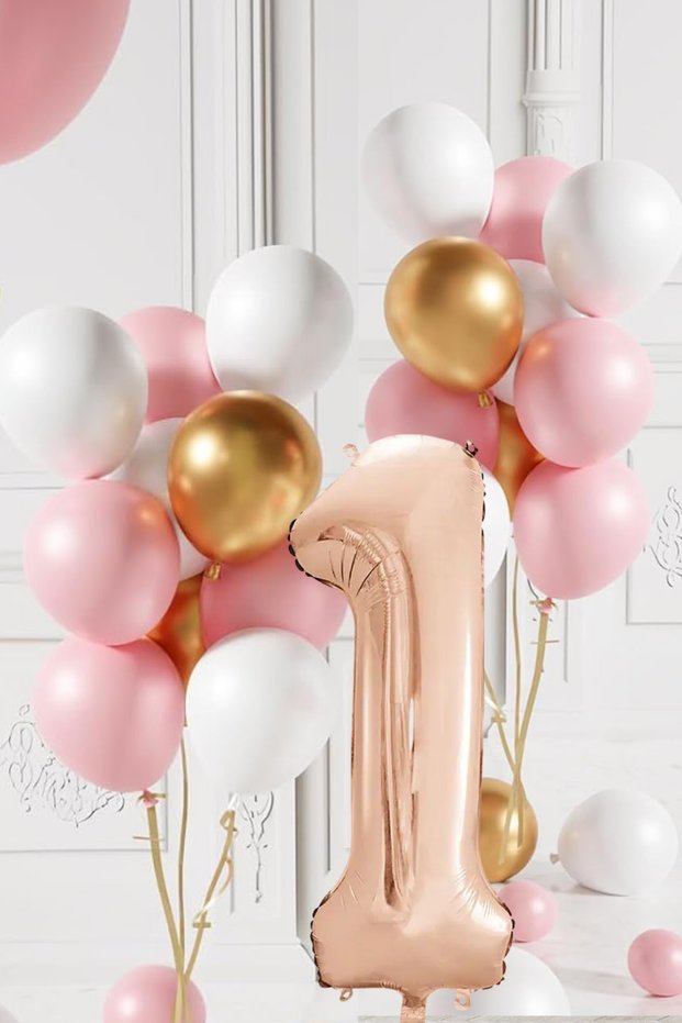1 Year Old Retro Gold Pink White Balloon Set Rose Gold Numbered Birthday Balloon Stylish Party Ornament
