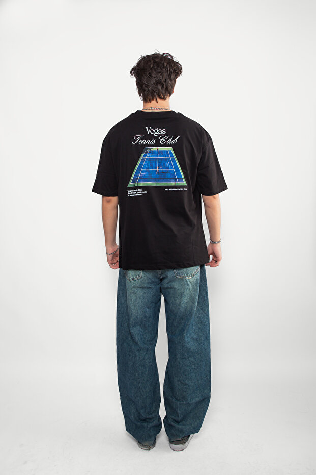 Vegas Tennis Club Printed Oversize Unisex Black Tshirt
