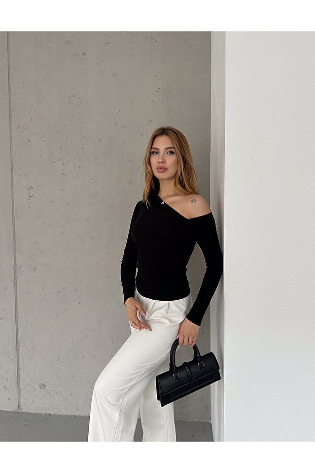 Kadın Siyah Tek Omuz Açık Uzun Kol Sandy Kumaş Örme Bluz - 7