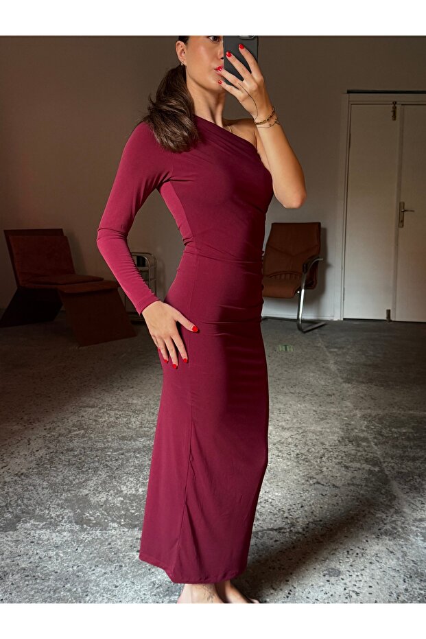 Tek Kol Sandy Büzgü Drapeli Midi Elbise - 6