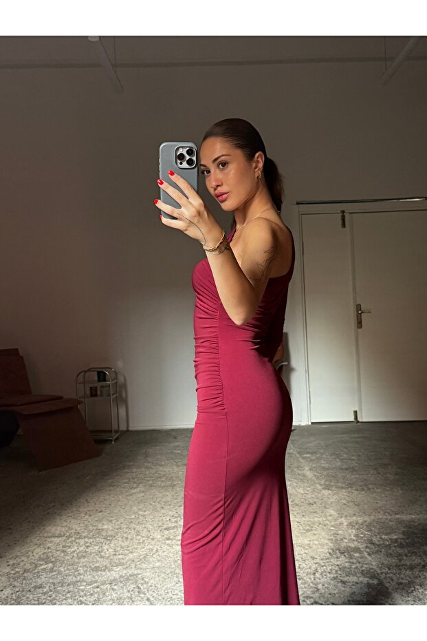Tek Kol Sandy Büzgü Drapeli Midi Elbise - 2
