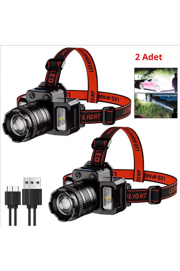 Zoom Sensörlü LED Kafa Feneri | USB-C Şarjlı, Yakınlaştırmalı, Dijital Göstergeli 2 adet - 1