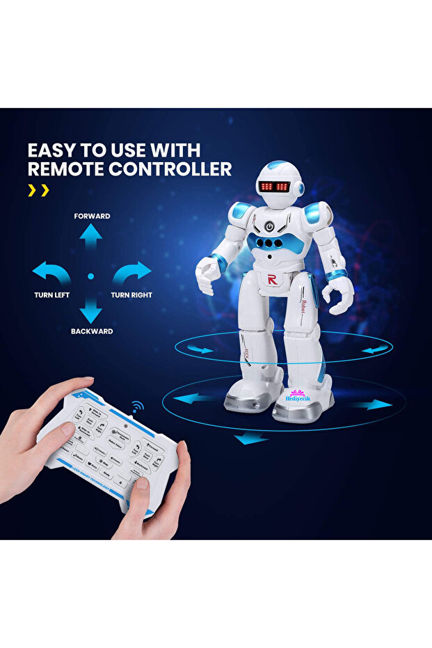 Rc El Sensörlü Uzaktan Kumandalı Şarjlı Akıllı Yapay Zeka Robot 28 Cm Mavi - 7