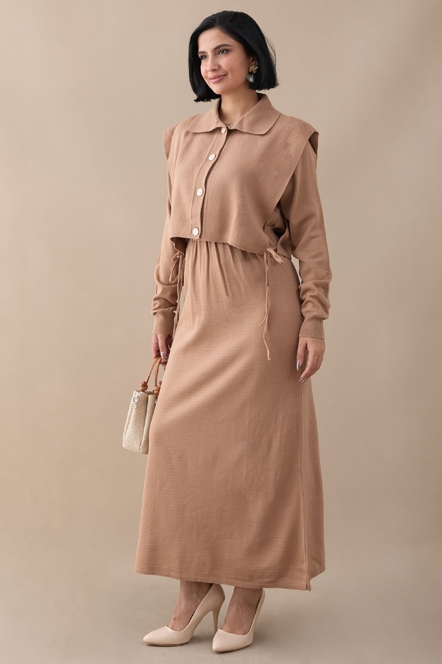 Bolerolu Elbiseli Camel Takım - 6