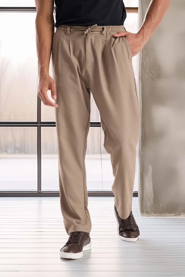 Bezayağı Kumaş Relax Fit Duble Paça Jogger Pantolon - Vizon - 6