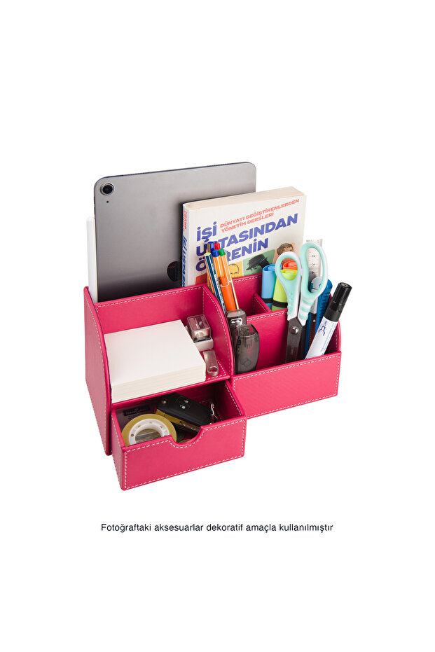 Desktop Organizer, Pen Holder, Remote Control Holder, Cube Notepad Holder, Tablet Holder, Bookshelf, 6 Compartments, with Drawers, Fuchsia - 3